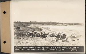 Contract No. 96, Chlorine Storage House and Equipment and Chlorinating Equipment for Gate House at Norumbega Reservoir, Weston, panoramic view looking north, chlorinator house, Weston, Mass., Jan. 30, 1940