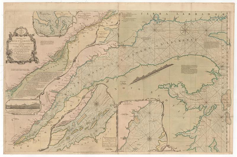 An exact chart of the river S.t Laurence, from Fort Frontenac to the island of Anticosti shewing the soundings, rocks, shoals &c. with views of the lands and all necessary instructions for navigating that river to Quebec