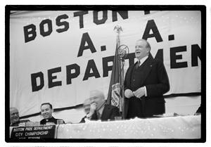 Boston Park Department function, Boston Parks Commissioner William Long seated in center