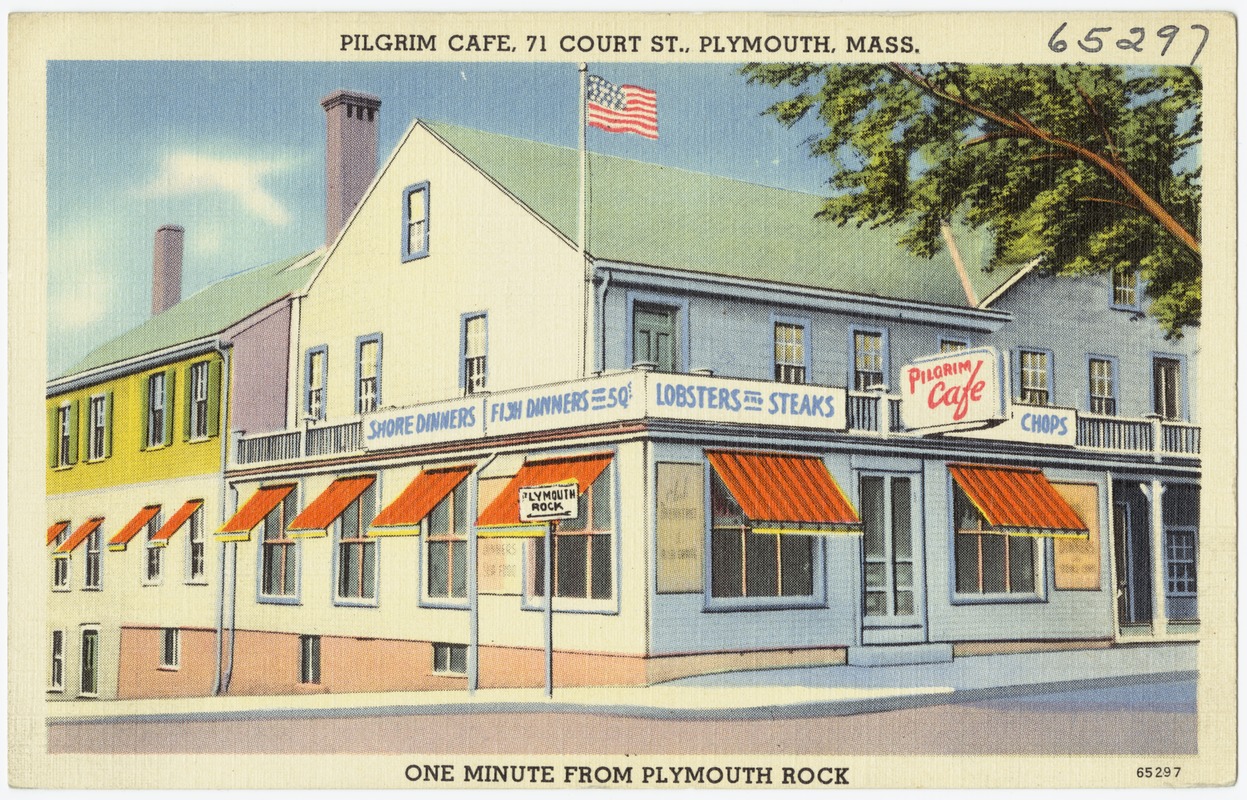 Pilgrim Cafe, 71 Court St., Plymouth, Mass., one minute from Plymouth Rock