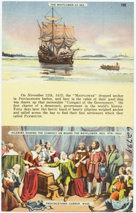 The Mayflower at sea, pilgrims signing the compact on board the Mayflower, Nov. 11th, 1620. Provincetown Harbor, Mass.