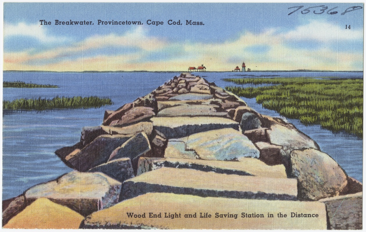 The breakwater, Provincetown, Cape Cod, Mass., Wood End Light and Life Saving Station in the distance.