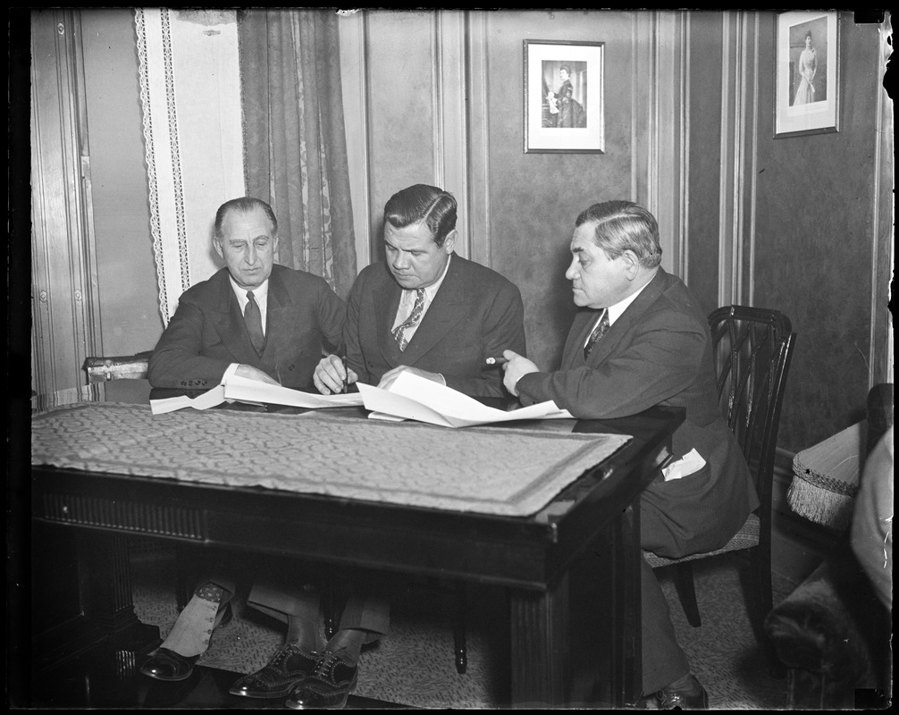 Emil Fuchs and Charles F. Adams of the Braves sign Babe Ruth
