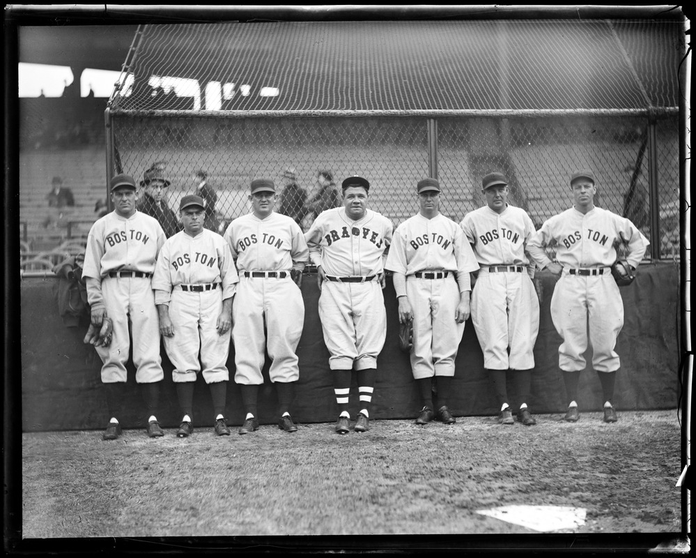 Babe Ruth with Red Sox players after signing with Braves