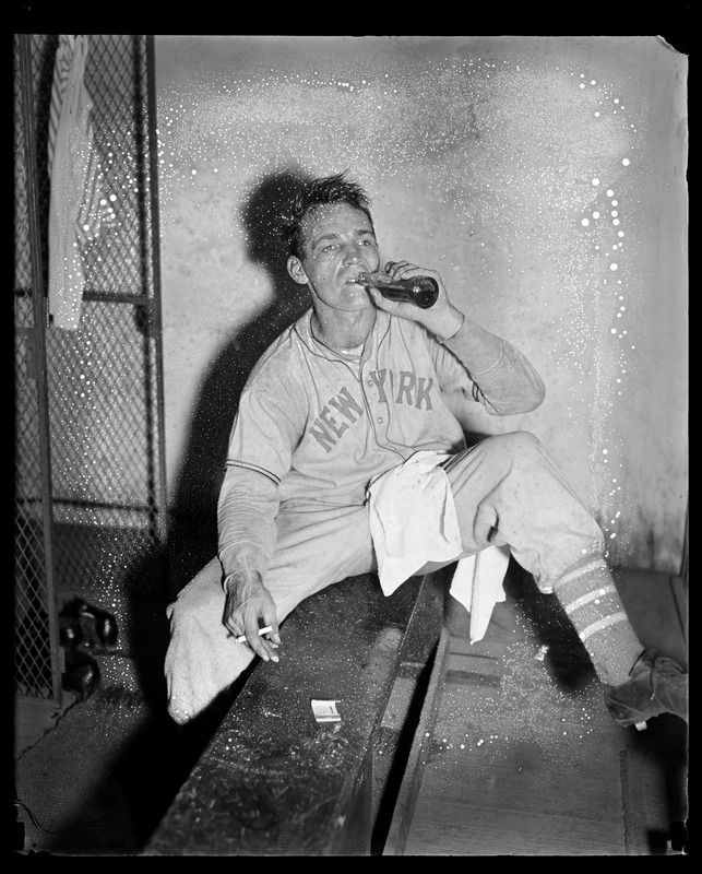 NY Giants player celebrates pennant win with beer and cigarette