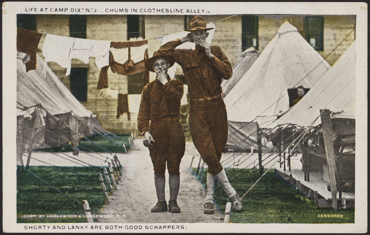 Life at Fort Dix, N.J. Chums in clothesline alley. Shorty and Lanky are both good scrappers