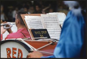 Music on stand of bass drum player