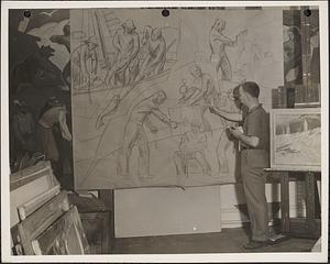 Sam Hersey [i.e. Hershey], preliminary work on historic mural for Rockport Town Hall