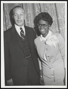 At Testimonial Dinner Dr. Dana McLean Greeley stands with Mrs. Ralph D. Abernathy, wife of the civil rights leader now at Charleston, S.C.