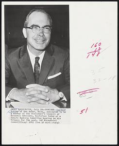 Gardner Ackley of Ann Arbor, Mich., Nominated to be a member of the President's Council of Economic Advisers, testifies today at a Senate Banking Committee hearing on his fitness for the post.