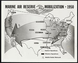 Marines are Ready - 41 U. S. Marine Air Reserve squadrons, based at 25 U. S. Naval air stations throughout the nation, are poised to make the two largest coast-to0coast mass air movements even planned for American reserve air fighter units in peacetime. Twenty-one western squadrons left home stations (black arrows) July 8, for maneuvers lasting until July 22d at Cherry Point, N. C. On Aug. 5, 20 squadrons at bases east of the Mississippi (white arrows) will leave for maneuvers lasting until Aug. 19th at El Toro (Santa Ana), California.