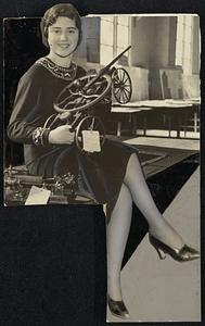 Inventions. A young lady is holding a model of a pump fire engine invented in 1881 while at her side is the model of a gas engine invented in 1877