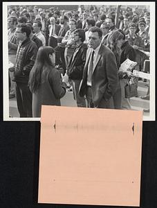 To Seek an Understanding With university official's permission, each noon on the University of California campus at Berkley is given over to demonstrations. A throng of students, mostly neatly dressed, listen to speeches or musical performances and other demonstrations while handbills and circulars on many controversial subjects are distributed. Keeping track of the daily affair is William Boyd, Vice-Chancellor for Student Affairs, who attends most rallies and, shown here, becomes engaged in conversation with one of the female activists during a rally recently