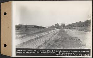 Contract No. 130, Grading, Loaming, and Grassing Vicinity of Shaft 4, Pressure Aqueduct, Southborough, and Improvement of Access Roads to the Intake Works and at Norumbega Reservoir, Marlborough, Southborough, Weston, looking westerly from Sta. 64+50 showing rebuilt access road, Section 1, Southborough, Mass., May 16, 1941