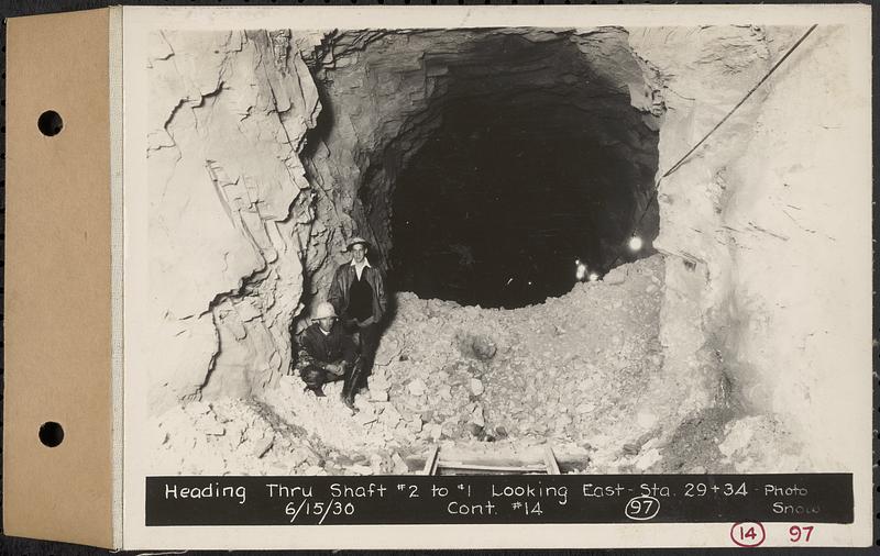 Contract No. 14, East Portion, Wachusett-Coldbrook Tunnel, West Boylston, Holden, Rutland, heading through Shaft 2 to 1 looking east, Sta. 29+34, Holden, Mass., Jun. 15, 1930