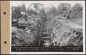 Contract No. 39, Trunk Line Sewer, Rutland, Holden, looking ahead at sheeted trench from Sta. 477+35, Rutland-Holden Sewer Line, Rutland, Mass., Sep. 6, 1934