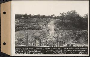 Contract No. 99, Enlargement of Fells High Level Distribution Reservoir, Stoneham, Malden, Melrose, looking east from Sta. 0+60+/- showing cutoff wall and valve chamber foundation, enlargement of Fells Reservoir, Stoneham, Mass., Jun. 8, 1940