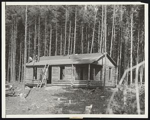 Modern Pioneers Launch Log Cabin Community. Spurred on by economic conditions, eight hardy families; reverting to the pioneer instincts of their fore fathers; have begun a log-cabin cooperative community on the edge of a wilderness that flanks the Daniel Webster Highway in this section. Among the contributing factors which led the twentieth century pioneers to strike out for themselves were high rents; cramped play room for children and lack of farming space. The cabins, built by the settlers themselves at a cost of less than $400; are constructed of pine; with clear maple and white birch flooring. All the timber supply is taken from the surrounding woods. The original cost of the land; about $60 an acre, and materials not available from natural sources constitute the outlay for what members of the community describe as "comfortable homes." Photo Shows: Mr. and Mrs. Burton Smith, one of the colony's youngest couples, at work on their log-cabin home, which they expect to have ready before the first snowfall. It is here that they will celebrate their first wedding anniversary in January, and later cultivate the acre of land surrounding it.