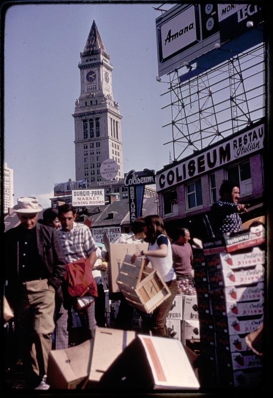 People shopping at the Haymarket, Custom House tower in background