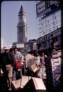 People shopping at the Haymarket, Custom House tower in background