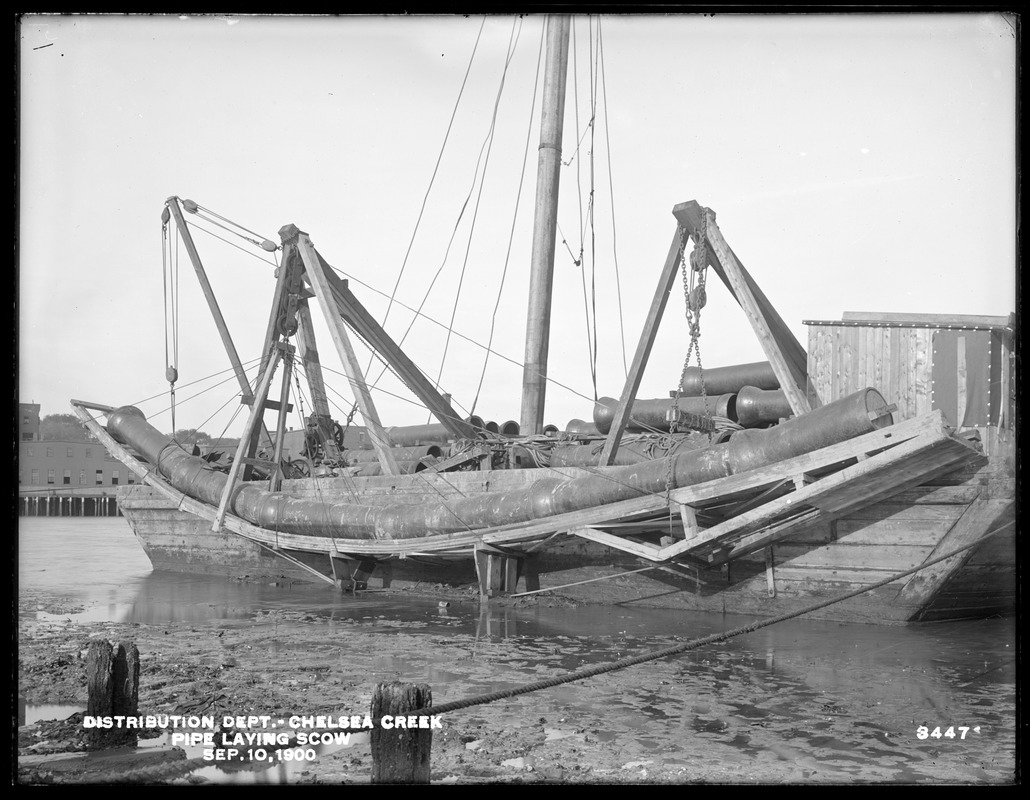 Distribution Department, Low Service Pipe Lines, pipe-laying scow, Chelsea Creek; Chelsea; East Boston, Mass., Sep. 10, 1900