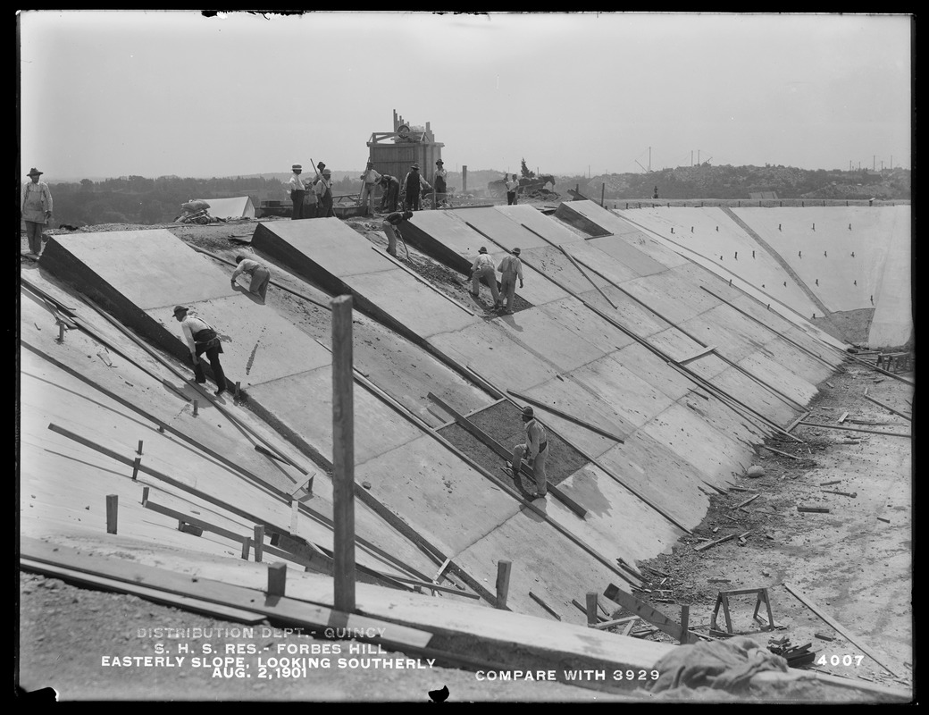 Distribution Department, Southern High Service Forbes Hill Reservoir, building the easterly slope, looking southerly (compare with No. 3929), Quincy, Mass., Aug. 2, 1901