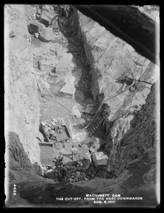 Wachusett Dam, the cut-off, from the west, looking downwards, Clinton, Mass., Aug. 8, 1901