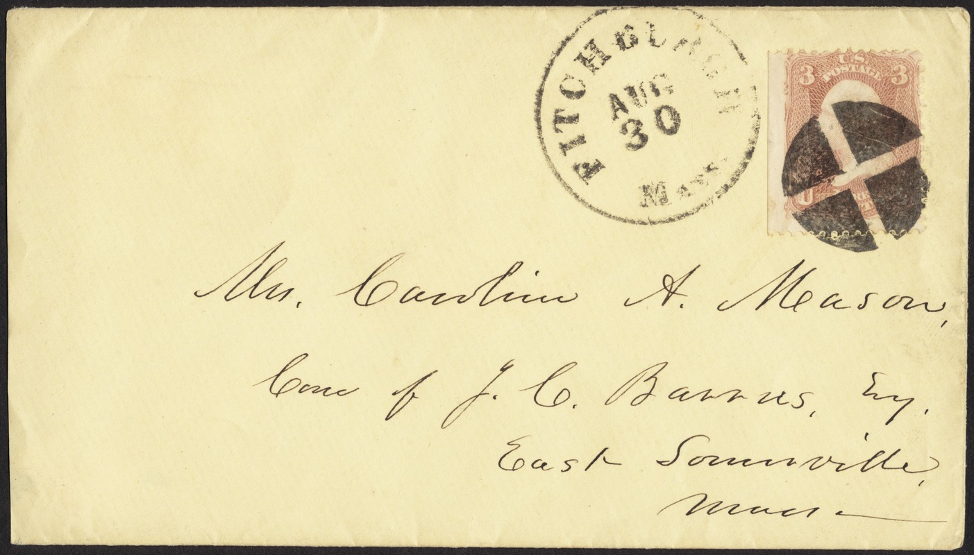 Envelope addressed to Caroline A. Mason (1823-1880s?), poet