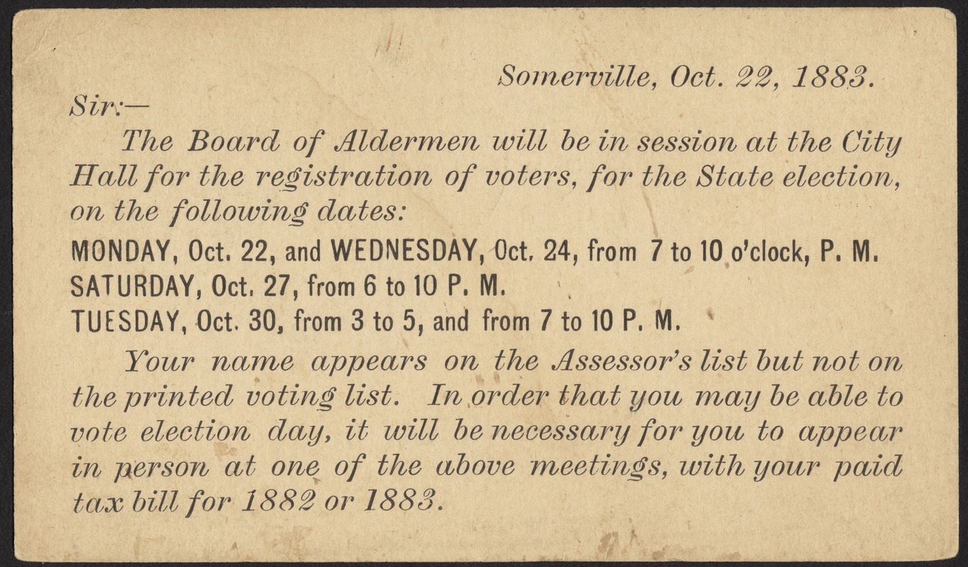 Board of Aldermen, registration of voters, October 22, 1883