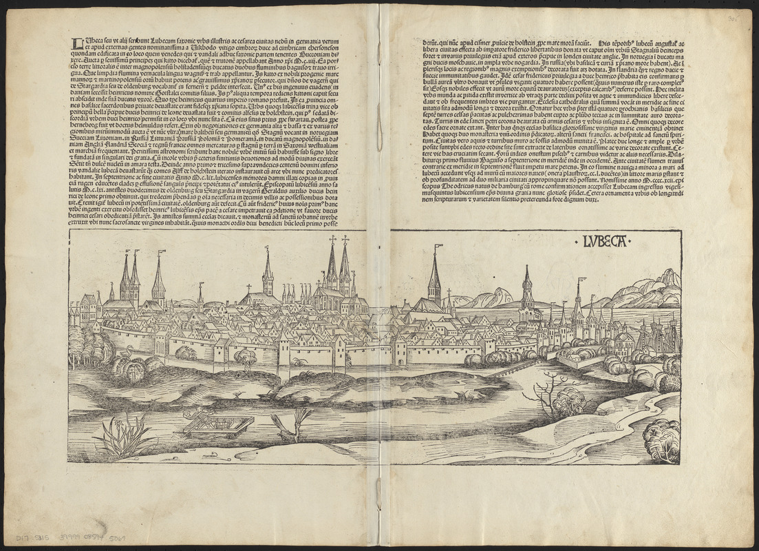 Leaves from Liber chronicarum, with views of de Sarmatia regione Europe, Cracovia, Lubeca and Nissa