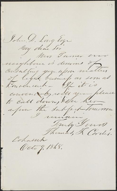 Letter from Thomas F. Cordis to John D. Long, October 9, 1868