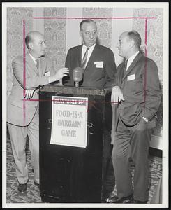 Food Bargain campaign was kicked off at a conference of food executives, brokers, wholesalers and manufacturers. From left- Joseph Sharp, vice president, Kellogg's, Robert Abbott, Abbott and Hall, food brokers and Irving W. Rabb, president of the Supermarket Institute.