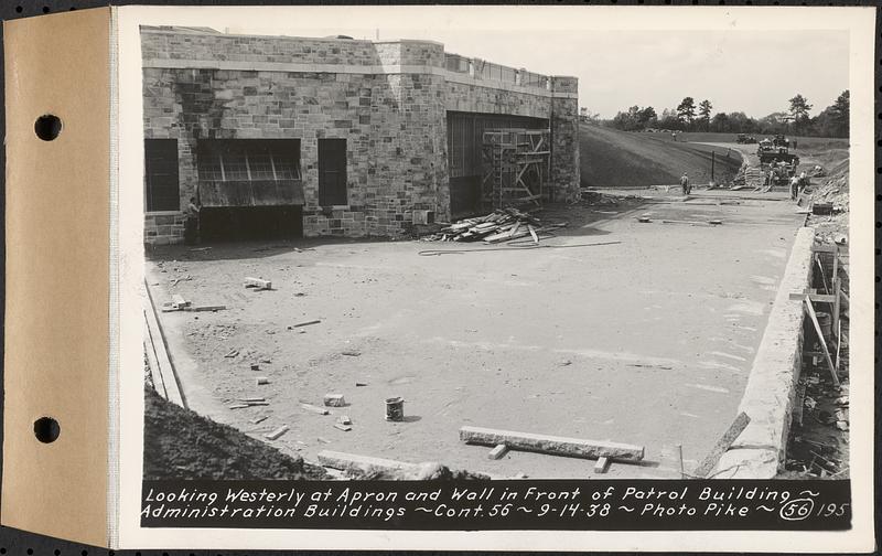 Contract No. 56, Administration Buildings, Main Dam, Belchertown, looking westerly at apron and wall in front of patrol building, Belchertown, Mass., Sep. 14, 1938