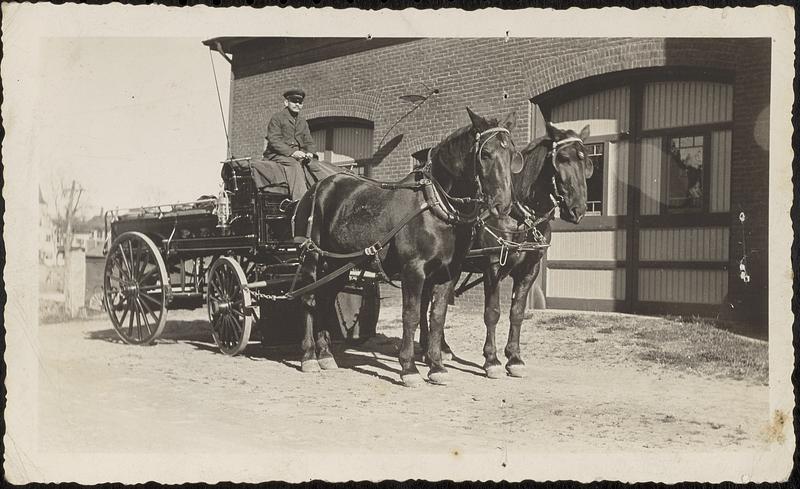 Man at reins of wagon drawn by a pair of horses