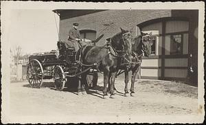 Man at reins of wagon drawn by a pair of horses