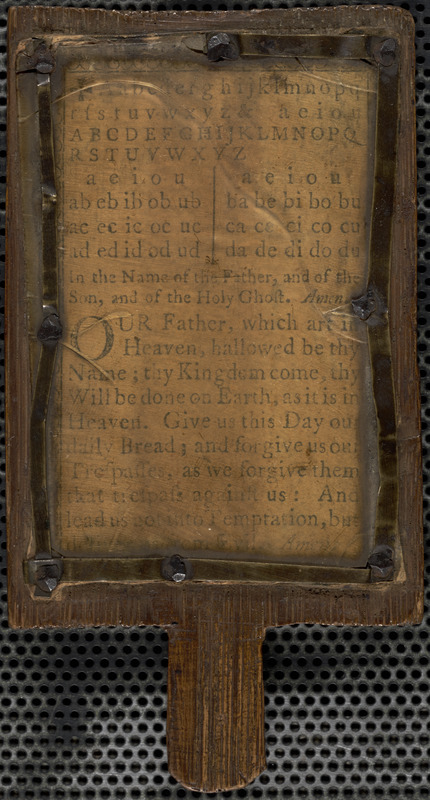 Hornbook containing alphabet, syllabary, and the Lord's prayer