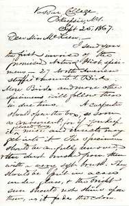 Letter to Ms. Philena McKeen from Sanborn Tenney, Vassar College, September 25, 1867