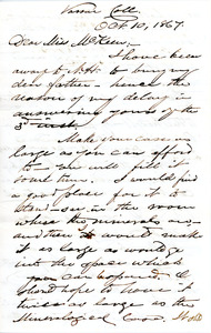 Letter to Ms. Philena McKeen from Sanborn Tenney, Vassar College, October 10, 1867
