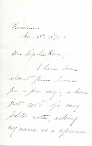 Letter to Philena McKeen from James G. Vose, April 25, 1870