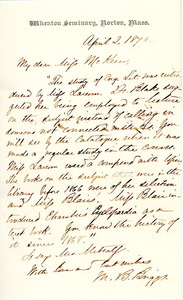 Letter to Ms. Phebe McKeen from M. B. Briggs, Wheaton Seminary, April 02, 1879