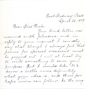 Letter to Ms. Phebe McKeen from Emily P. Hidden, April 22, 1879