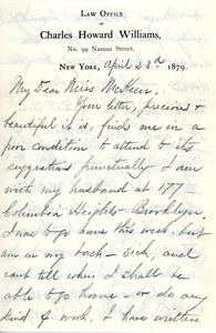 Letter to Ms. Philena McKeen from May H. Williams, April 23, 1879