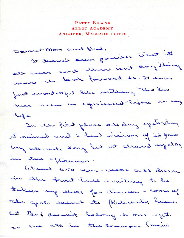 Letter home, Patty A. Bowne, Abbot Academy, class of 1946