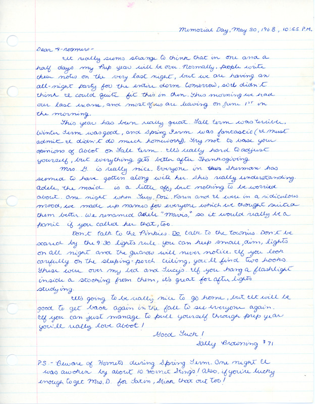 Sherman House Letter, Sally Browning, Abbot Academy