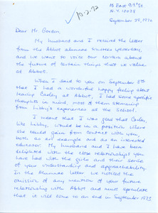Letter to Don Gordon from parent Betsy Pennink, Abbot Academy, September 28, 1972