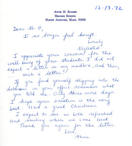 Letter to Don Gordon from Anne H. Spader, Brooks School, December 13, 1972