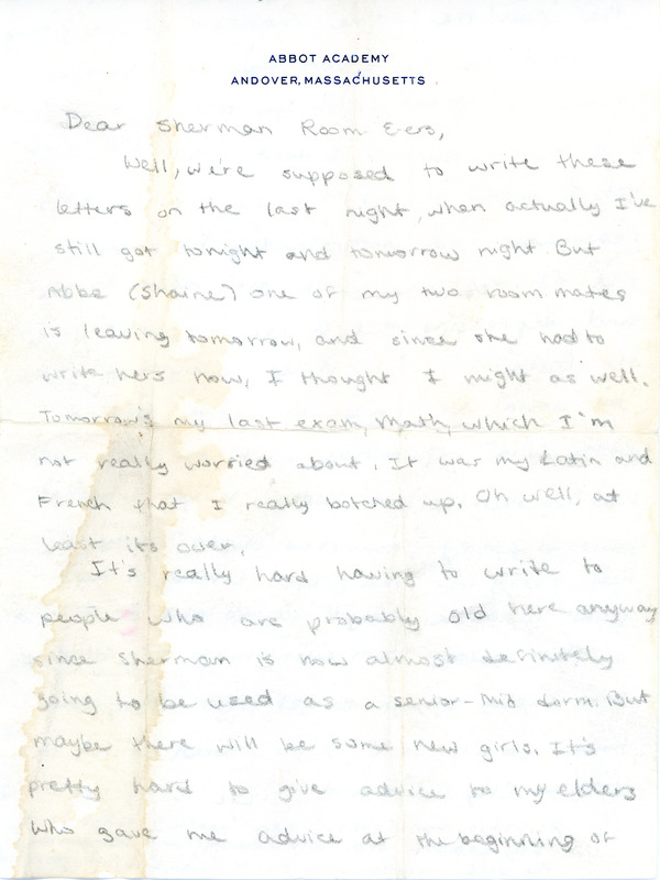Sherman House Letter, Liz Hall, Abbot Academy