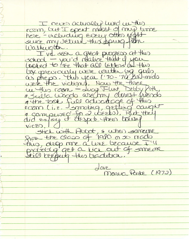 Sherman House Letter, Marea Parke, Abbot Academy