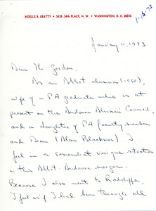 Letter to Don Gordon from former Abbot Academy student Noelle B. Beatty, Abbot Academy, Class of 1950, January 16, 1973