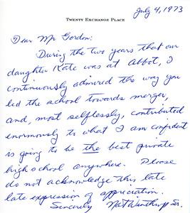 Letter to Don Gordon from parent Nat Winthrop, Abbot Academy, July 4, 1973